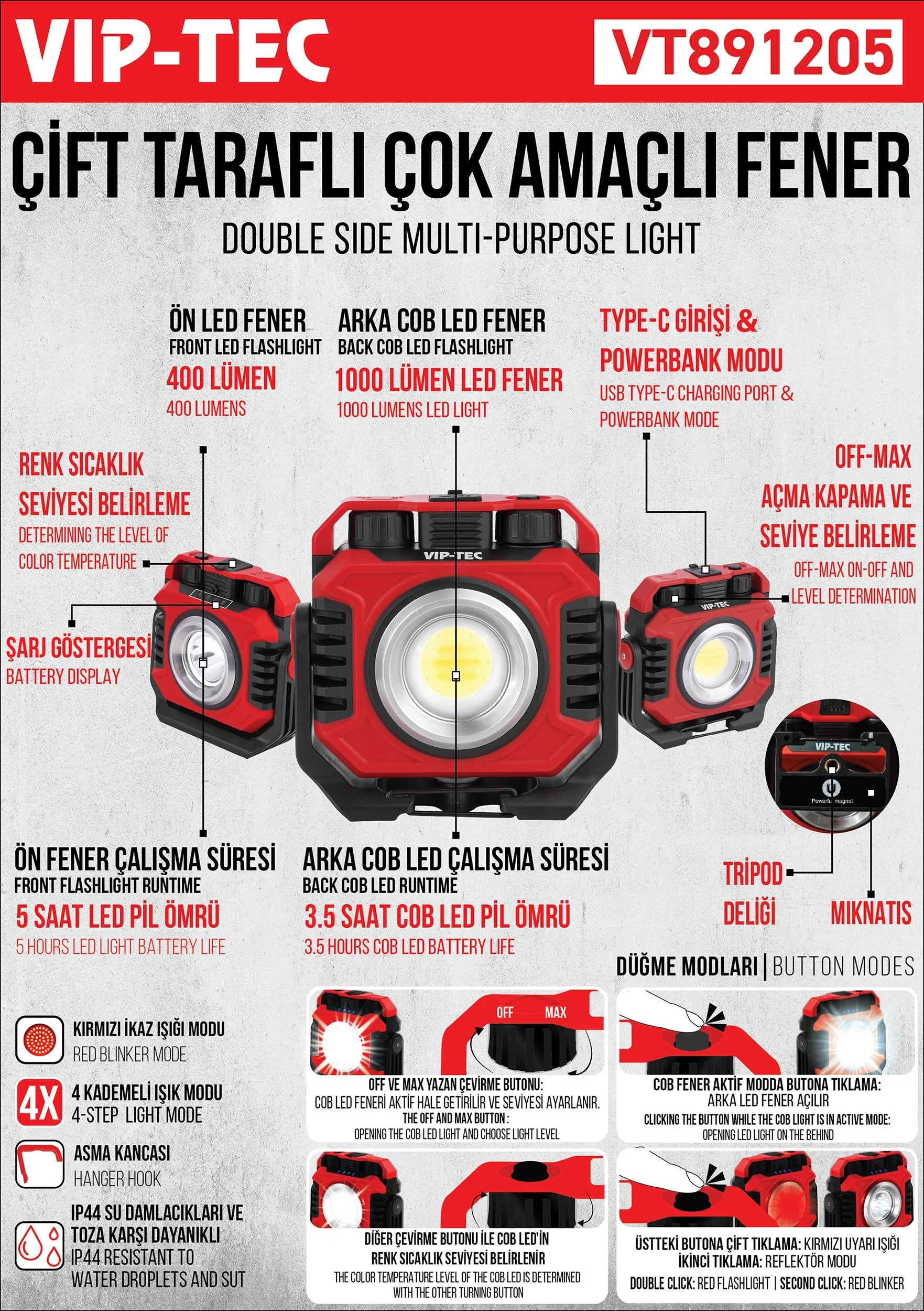 VT891205 DualBeam Pro — Çift Taraflı Şarj Edilebilir 1000 Lümen Çok Amaçlı Fener