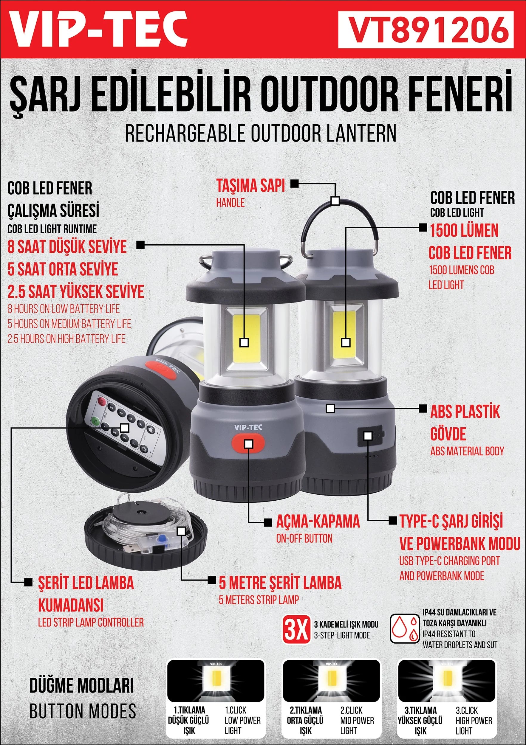 Type-C Şarjlı COB LED Kamp Lambası
