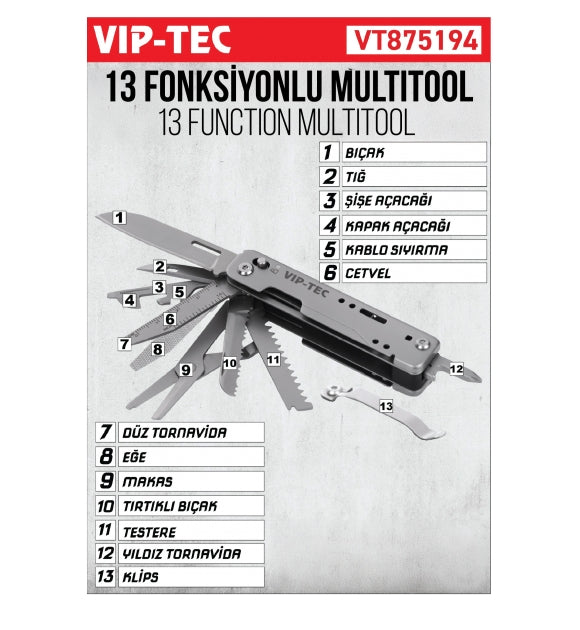 VIP-TEC VT875194 13 Fonksiyonlu Multitool Çakı | Kompakt Cep Aracı